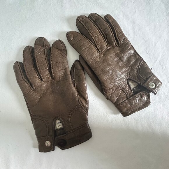 Vintage Saks Fifth Avenue Brown Leather Wool Lined Button Gloves Size 6.5 - Picture 1 of 7